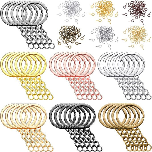 215 Pieces Keychain Rings Set Including 35 Pieces Keychain Rings with 35 Pieces Open Jump Rings and 180 Pieces Small Screw Eye Pins for Crafts and Jewelry Making (Mixed Colors,30 mm)