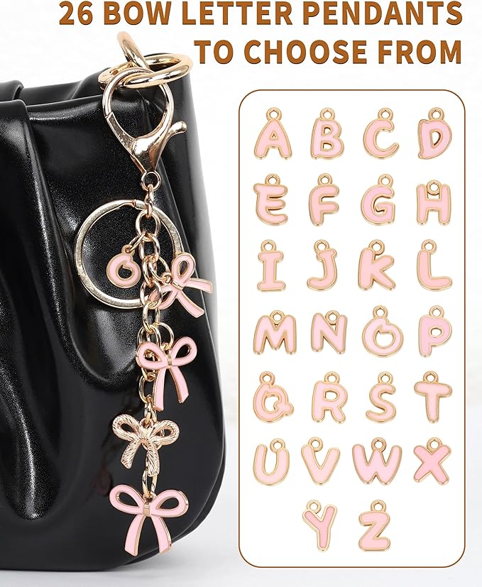 Bow Purse Charms Keychain - Pink Bow Alphabet Letter Key Chain, Bag Charms Wallet