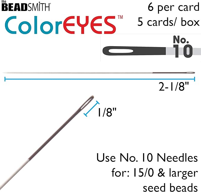 The Beadsmith ColorEYES Beading Needles, Size 10, 1 Card (6 Needles), Black Colored Tip for Easy Identification of Size, Use for Loom Weaving Bead Work, Off-Loom Stitch & Jewelry Making w/Seed Beads