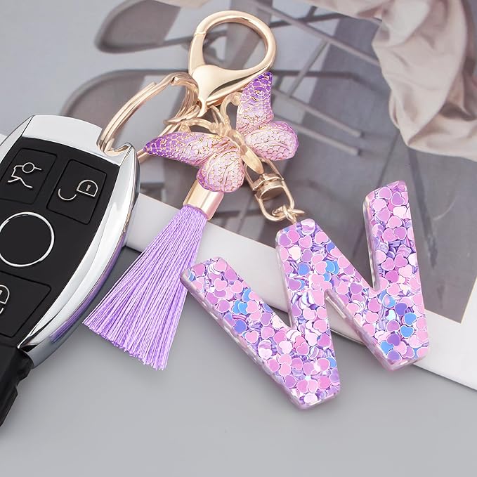 Initial letter Keychains for Women Girls Tassel Butterfly Cute Keychain for Wallet Backpack charm