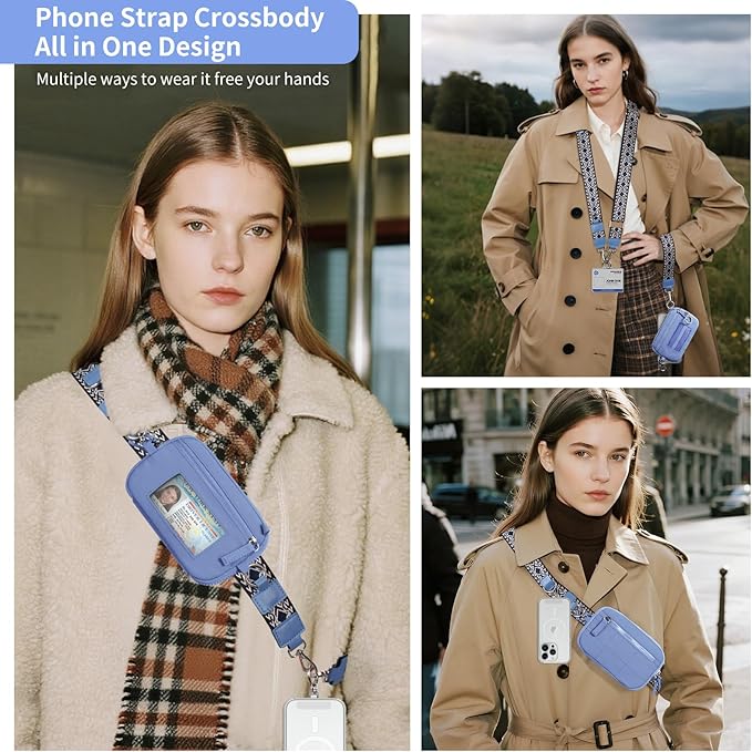 Clip and Go Strap for Phone with Wallet Crossbody Phone Lanyard with Anti-Theft Zipper Pouch Detachable Quilted Wrist Wallet with RFID and ID Window for Daily Travel.