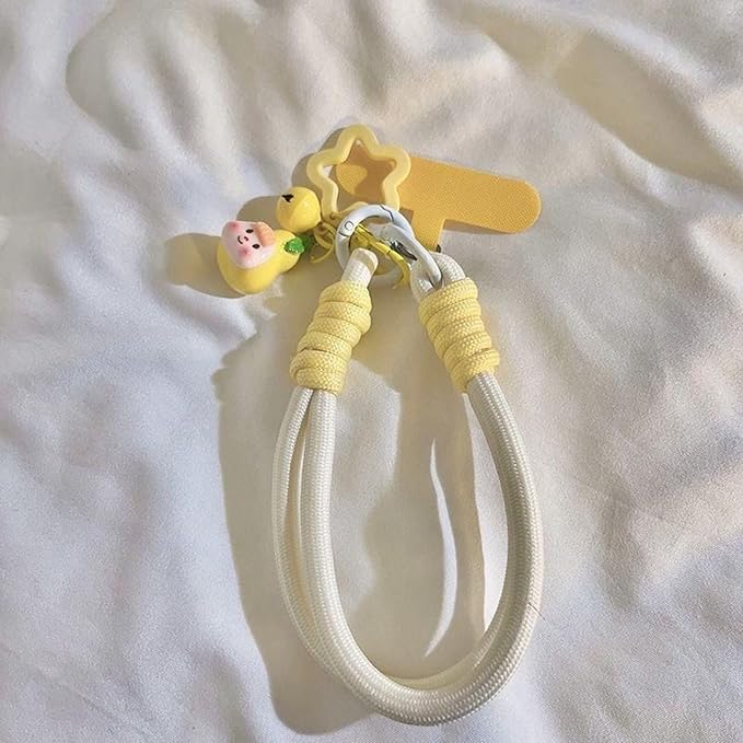 Dopamine Vibes Universal Wrist Strap - Korean-Style Short Phone Lanyard with Cute Yellow Pineapple Charm, 7mm Rope, Trendy Anti-Theft Tether for Girls, Includes Pendant & Nylon Phone Tab