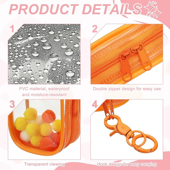 uxcell 3.5 Inch Clear Figure Display Bag, Mini Clear Pouch Waterproof Coin Pouch with Keychain and Pom Poms for Blind Box Doll Display (Square, Orange)