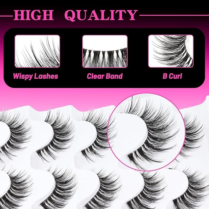 Veleasha Lashes Wispy False Eyelashes 100% Handmade Eyelashes Natural Look Fake Lashes Lightweight Lashes with Soft Clear Band & Lash Glue and Tweezers 5 Pairs Pack (G2 Kit)