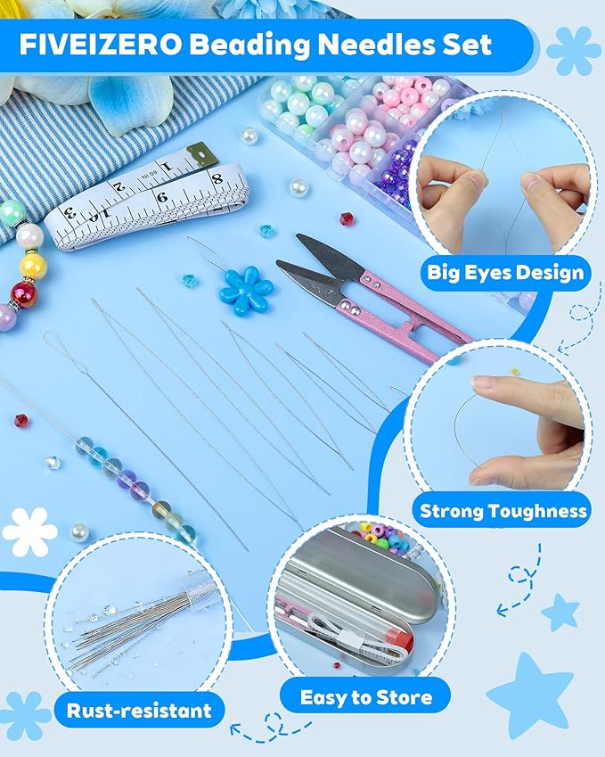 FIVEIZERO 21 Pieces Beading Needles Set, 6 Sizes Seed Beads Needles Big Eye, Collapsible Beading Needles Set for Jewelry Making