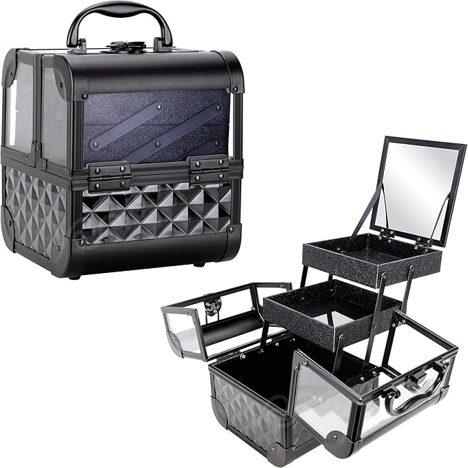 Ver Beauty Makeup Box Cosmetic Train Case with Clear Armored Acrylic Jewelry Organizer with 2 Tiers Trays and Mirror Lockable Portable Travel Cosmetic Display Aluminum Case (Black Diamond)