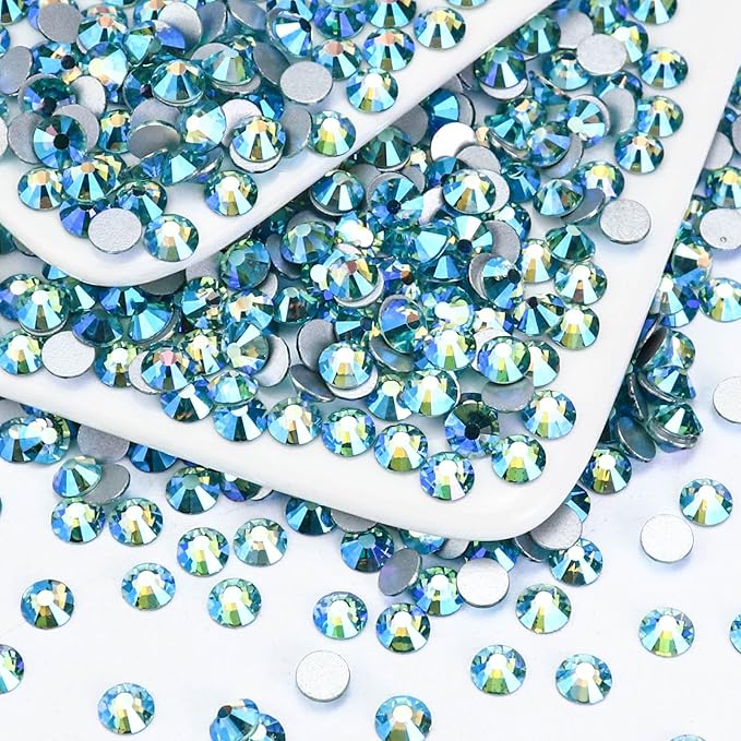 1440PCS SS10 Crystal Glass Flatback Rhinestones, Round Flat Back Crystal Gems for Nail Art and Craft Clothes, Glue Fix Diamond Stones Aquamarine/Lake Blue AB (2.7-2.8mm)