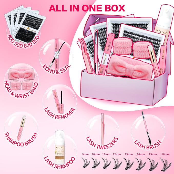 Lash Clusters Kit Eyelash Clusters Kit Cluster Eyelash Extensions Large Pack Lashes Clusters Lash Extension Kit Pestañas Postizas Naturales+Lash Bond&Seal,Remover,Tweezers,Cleanser,Tools(Lash Kit-10)
