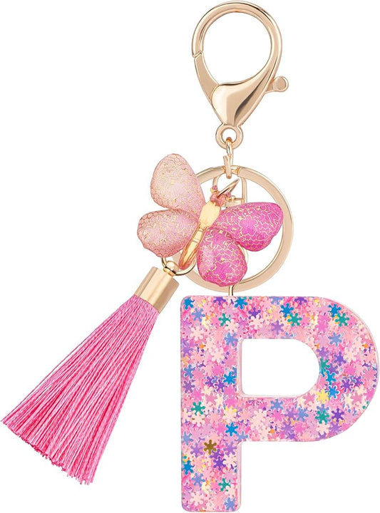 Suweibuke Cute Pink Key Chains for Women Girls, Initial Letter Keychains with Tassel, Charms for Key Purse Handbags Backpacks