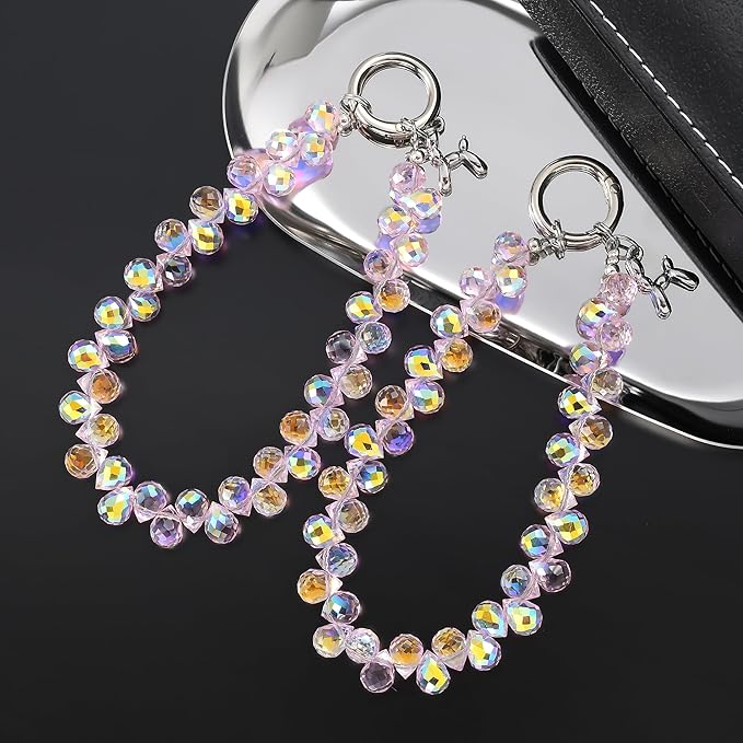 2pcs Crystal Phone Wrist Strap Phone Charm Chain Keychain Beaded Cellphone Lanyard with Tether Tab Hands-Free Wristlet Bracelet Wrist Grip Strap for Women, D-Pink AB