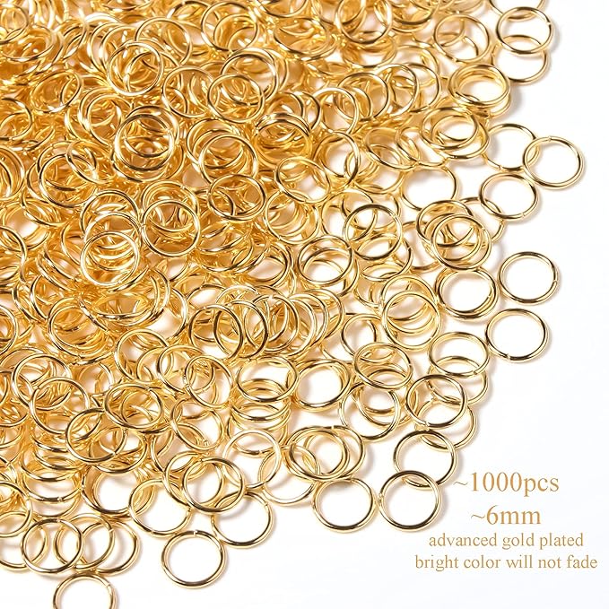 1000 Pcs 6mm Open Jump Rings Gold Plated Jump Rings for Jewelry Making Single Ring Bulk for DIY Craft Earring Necklace Bracelet Pendant Choker Jewelry Making Findings and Key Ring Chain (Gold, 6mm)