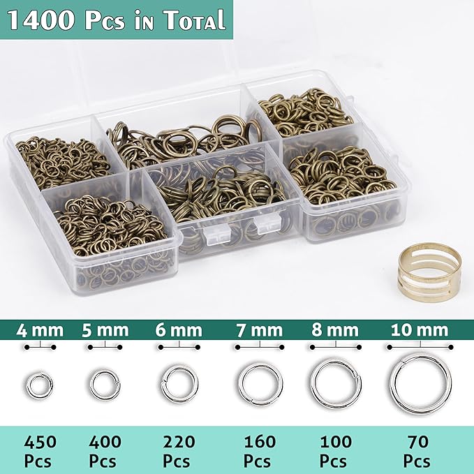 1400 Pcs Mixed Size Jump Rings for Jewelry Making, Keychains, Necklace Repair & DIY Crafts - 4mm, 6mm, 5mm, 7mm, 8mm, 10mm - Antique Bronze