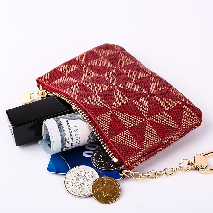 Leather Coin Purse for Women with KeyChain Small Zipper Change Purse coin Pouch Card Holder Wallet Clutch for Women & Men(Claret)