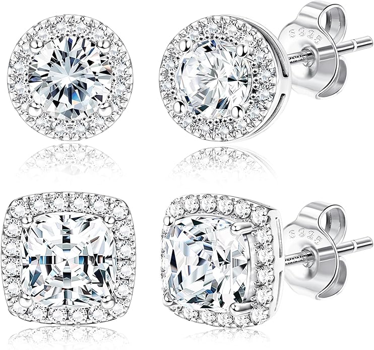 Hayoso 18K Gold Plated Halo Stud Earrings 925 Sterling Silver Cubic Zirconia Stud Earrings Round Square Diamonique Stud Earrings Set for Women Men