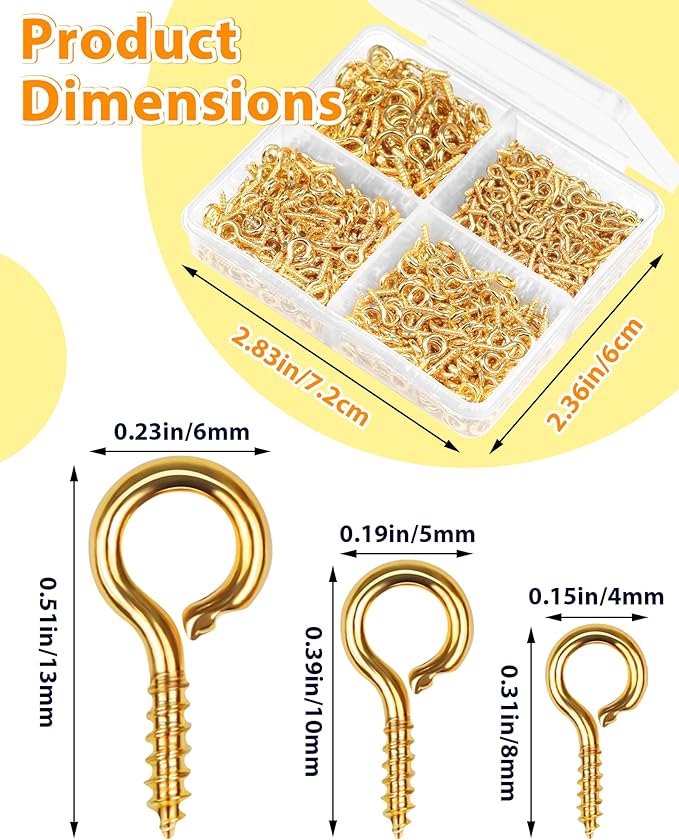 FIVEIZERO 600pcs Small Screw Pins for Jewelry Making & DIY Crafts, Mini Eyelet Screws for Art Projects & Bead Charms, Tiny Hooks & Eyes for Crafts (Gold & Silver, 3 Sizes)