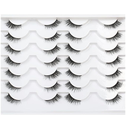 Pooplunch Half False Eyelashes Wispy Cat Eye Look Natural Volume Short Accent Lashes Faux Mink Fake Eyelashes Strips 14 Pairs Pack, Black