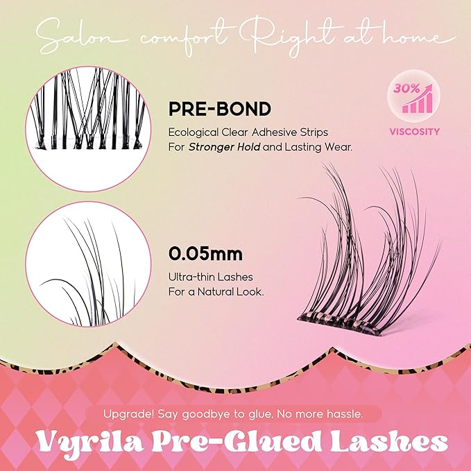 VYRILA Self Adhesive Lash Clusters Kit, D Curl Wispy Pre Glued Lash Extensions with Tweezers, Reusable 0.1mm Ultra Thin Band Natural Eyelashes, Easy Apply Eyelash Clusters for Beginners(PG-ZE13)