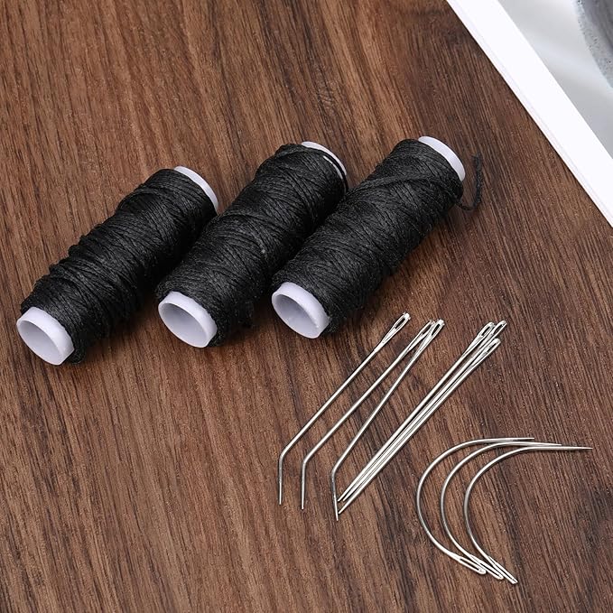 Hair Needle and Thread Set, 12pcs Hair Extension Tools 3 Rolls Hair Weave Sewing Threads with 9pcs C J I Shape Curved Upholstery Needles for Hand Sewing Hair Weave Extension Making Wig