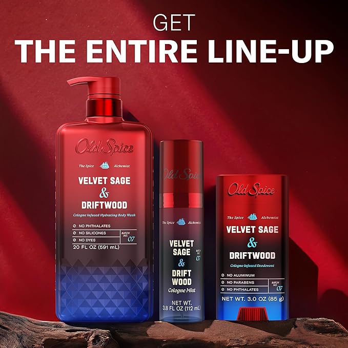 Old Spice Body Wash for Men, The Spice Alchemist Collection, 24/7 Cologne Infused Hydration, No Trade Off Formula, Free of Phthalates Silicones & Dyes, Velvet Sage + Driftwood Scent, 20 oz