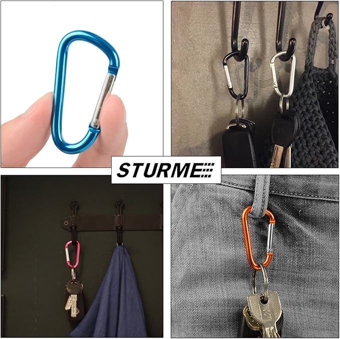 STURME 2" Aluminum D Ring Carabiners Clip D Shape Spring Loaded Gate Small Keychain Carabiner Clip Set Outdoor Camping Mini Lock Snap Hooks Spring Link Key Chain Durable Improved 24 PCS