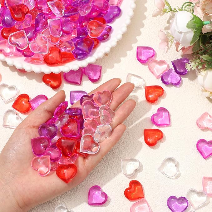 Menkxi 400 Pcs Valentines Day Vase Fillers Acrylic Heart Decoration Heart Vase Fillers Hearts Shaped Crystals Gems for Table Scatter Wedding, Artwork 0.87 Inch, 5 Color