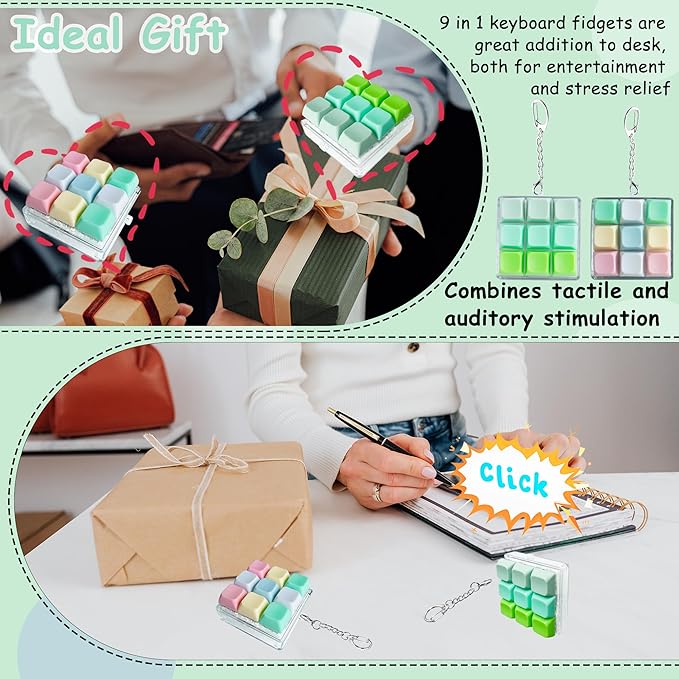 2 Pack 9 in 1 Keyboard Fidget Toy, Keyboard Fidget Keychain Anti-Stress Keyboard Decompression Button Finger Clicker Toys Stress Relief Fidget Gifts (Mix Green)