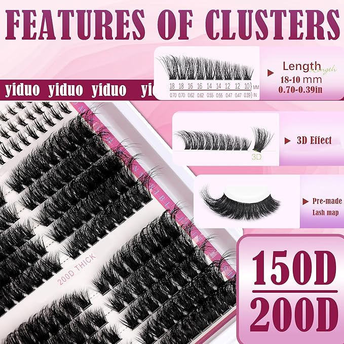 YIDUO Lashes Clusters Kit Gift Packs D Curl Cat-Eye Wispy Individual Faux Mink Fake Eyelashes, Volume Studio Effect, 498Pcs DIY False Eyelash Extensions with Bottom Lashes|Glue|Removers|Tweezers