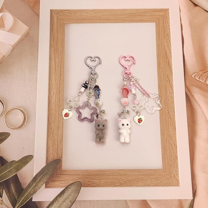 Cute Pink Keychain,Fuzzy Cat Keychain Aesthetic Y2K KeychainStylish KeychainsAccessories