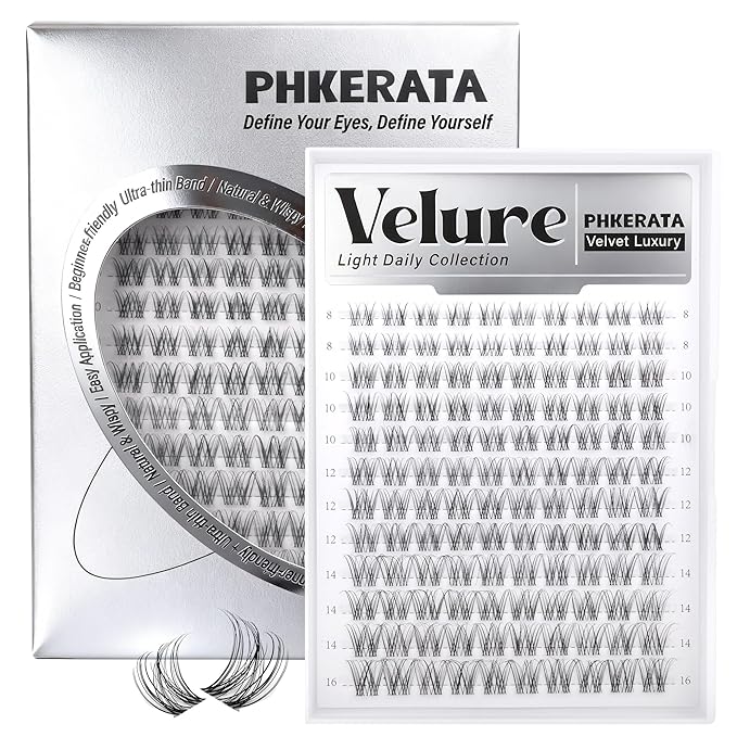 PHKERATA Velure Lash Clusters Natural Cluster Eyelash Extensions Wispy Individual Lashes Clusters DIY Ultra-Light Lash Extensions Soft C Curly Eye Lashes with Invisible Thin Band, 8-16mm, 120Pcs