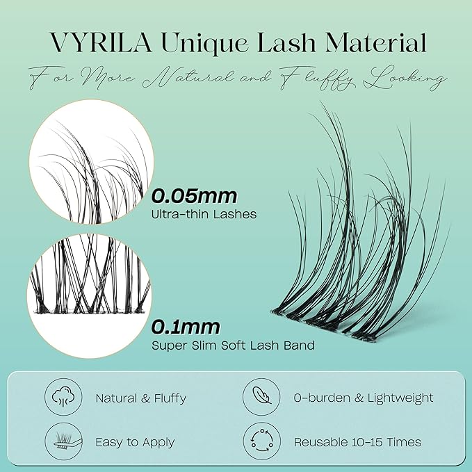 VYRILA Lash Clusters 0.05mm Individual Lashes, 3D Wispy Lashes Clusters, 0.1mm Super Thin Band Resuable Natural Lashes,D Curl Faux Mink Lashes,120pcs Lash Extension (Green Charm-D-0.05-8-16mix)