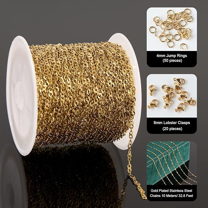 UMAOKANG 10 Meters Gold Plated Jewelry Making Chain Stainless Steel Singapore Chains Bulk on Spool Thin Chain Link