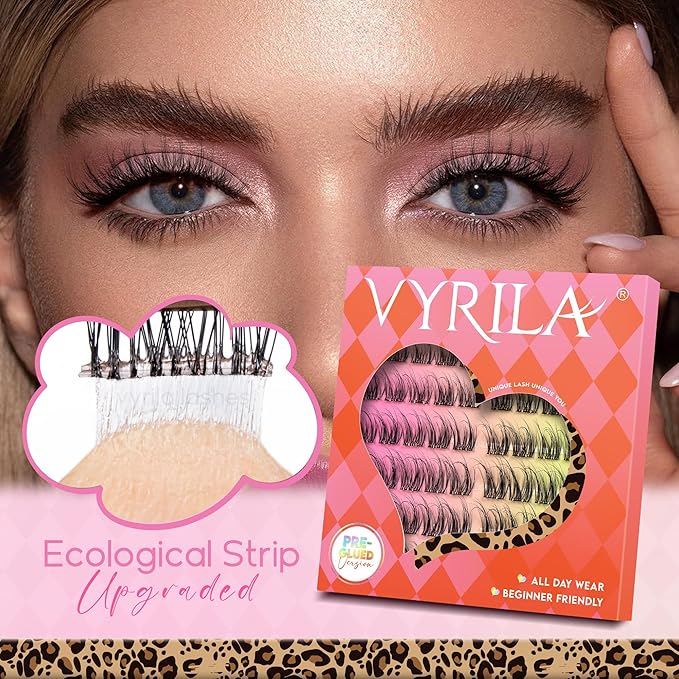 VYRILA Self Adhesive Lash Clusters Kit, D Curl Wispy Pre Glued Lash Extensions with Tweezers, Reusable 0.1mm Ultra Thin Band Natural Eyelashes, Easy Apply Eyelash Clusters for Beginners(PG-ZE13)