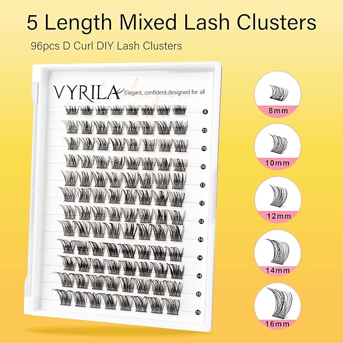 VYRILA Lash Clusters 8-16mm, False Eyelashes 96pcs, Cluster Eyelash Extensions Matte Black Soft, Diy Lash Extensions D Curl Natural Lash Clusters Faux Mink Lashes Wispy（Tide,96pcs,0.07,D,8-16MIX)