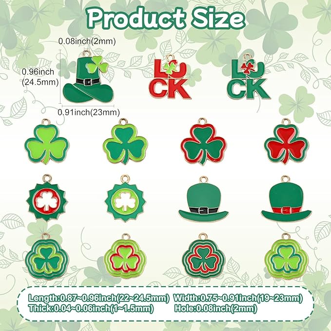 Stiesy 30 Pcs Mixed Styles St. Patrick's Day Theme Charms Pendants Enamel Luck Clover Leaf Green Hat Charms for Jewelry Crafts Necklace Bracelets Earring Making DIY Party Presents