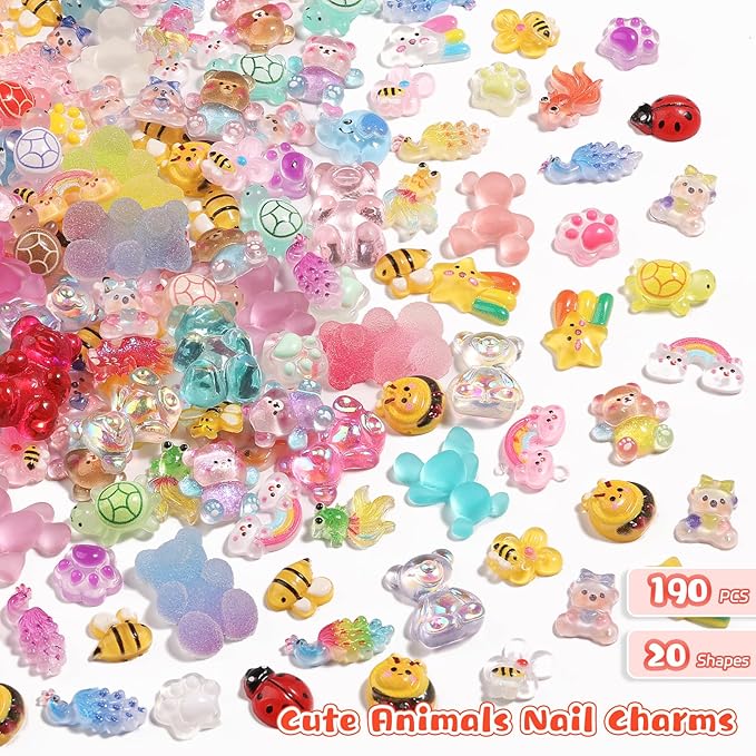 190PCS Animal Nail Charms Kit, 3D Cute Gummy Bear Bee Bunny Resin Charms for Nail Art Design, Kawaii Accessories Bulk with Tweezers for DIY Crafts, Slime, Phone Cases & Crocs