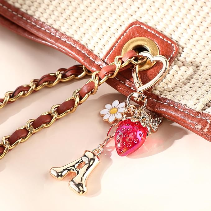 Strawberry Initial Keychain for Women-Cute Kawaii Gold Alphabet Bag Charms, Key chain Gift for Purse Handbag