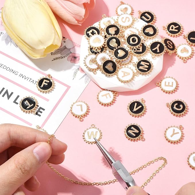 Stiesy 52 Pcs Black & White Enamel Letter Charms Flat Round with Letter A~Z Charm Pendants Bulk for Women Jewelry Making Crafting DIY Necklace Earring Presents