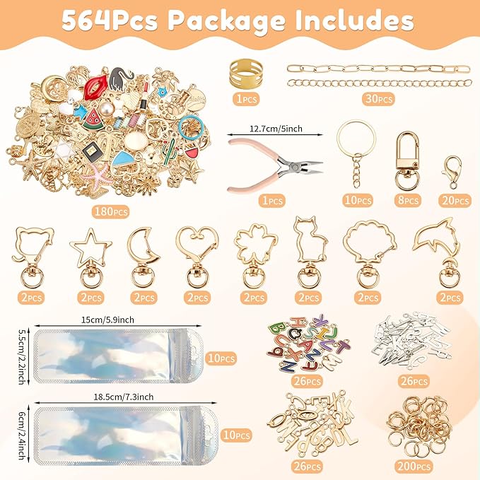 564Pcs DIY Keychain Making Kit with 258 Charms, Including 24 Keychain Clips Hooks 30 Extender Chain 200 Jump Ring Jewelry Plier Jewelry Making Supplies for Custom Key Ring Set Christmas Crafts Gifts