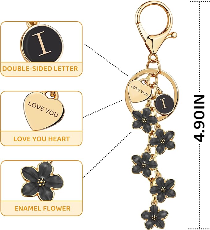 Suweibuke Cute Initial Letter Keychain with Love You Heart, Enamel Flower Charm for Key Handbag Backpack - Women Girls Gifts
