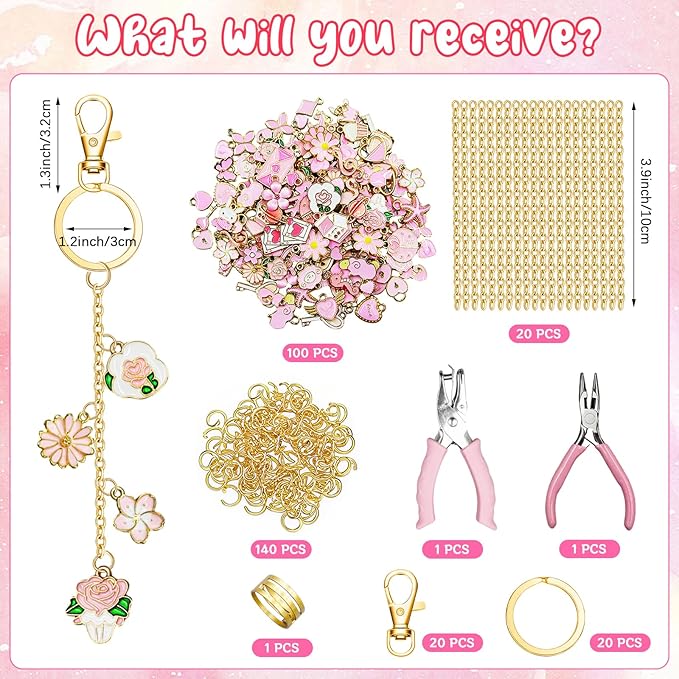 X-Kingsun 303Pcs DIY Lip Gloss Charms Keychain Kit 100 Pink Charms 20 Keychains 140 Jump Rings 20 Extender Chains 100 Hooks and Tools Bag Charm Kits for Jewelry Making Crafting