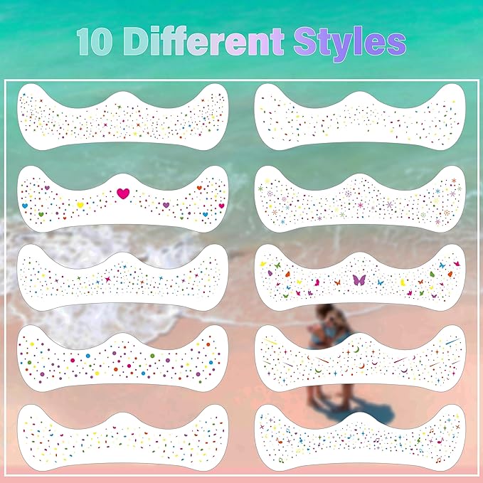 10 Pcs Colorful Glitter Freckles Face Tattoos, Carnival Multichrome Rainbow Glitter Freckles Face Tattoos, Waterproof and Long-lasting Face Temporary Tattoos for Women