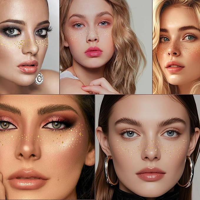AIBEE Glitter Freckles, 12PCS Temporary Tattoos Fake Freckles Gold Body Face Glitter Sparkle Freckles Makeup Patches Rave Festival Party Accessories for Women Girls
