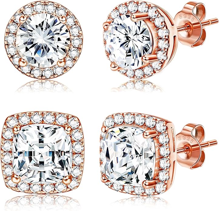 Hayoso 18K Gold Plated Halo Stud Earrings 925 Sterling Silver Cubic Zirconia Stud Earrings Round Square Diamonique Stud Earrings Set for Women Men