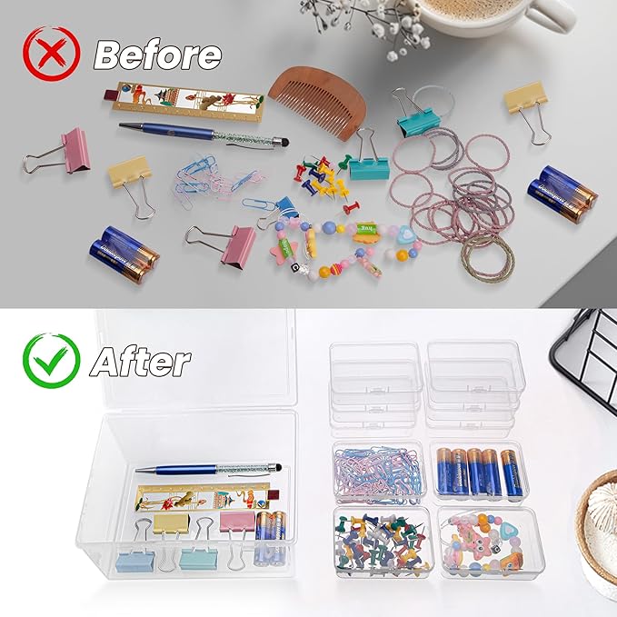 Medium Plastic Organizer Boxes, 12 Clear Containers with Hinged Lids, for Beads, Jewelry, Crafts, Electronics, Hardware, School Supplies (32 Labels)