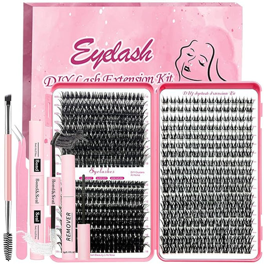Qiveaory DIY Lash Extension Kit 567 Pcs Individual Lashes Clusters with Wispy lashes,Lash Bond and Seal,Eyelash Remover Tweezers Brush Eyelash Extension Set Lash Books DIY at Home