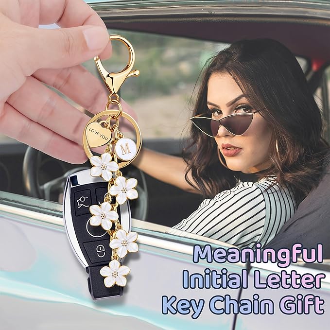 Suweibuke Cute Initial Letter Keychain with Love You Heart, Enamel Flower Charm for Key Handbag Backpack - Women Girls Gifts