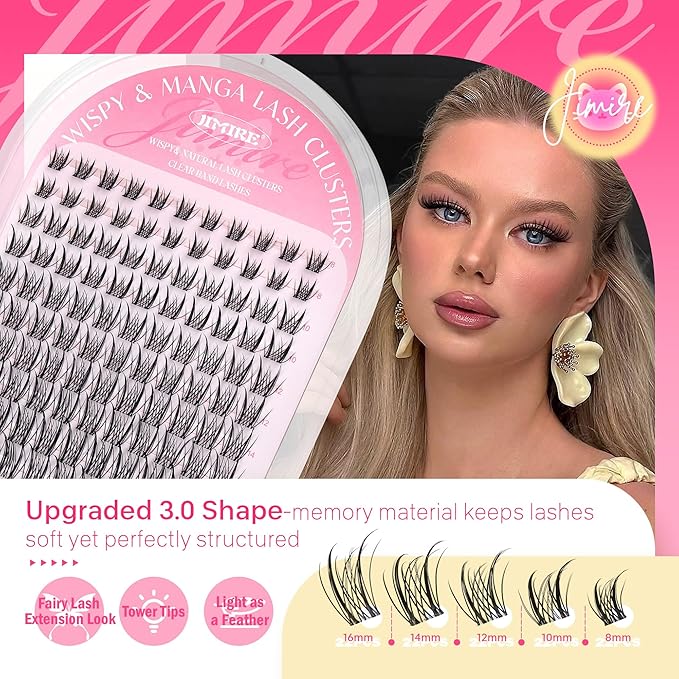 JIMIRE Wispy Lash Clusters Invisible Band Manga Eyelash Clusters 8-16MM D Curly Fairy Cluster Eyelash Extensions Venus Lashes Clusters 110Pcs DIY Lash Extensions at Home