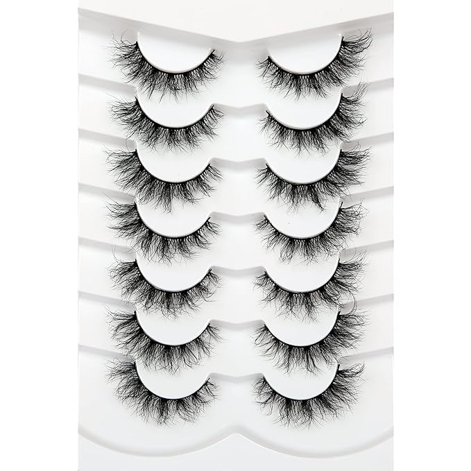 Pooplunch False Eyelashes Cat Eye Look Lightweight Natural Wispy 8D Volume Faux Mink Lashes Short Curly Fake Eyelash Strips 7 Pairs Pack