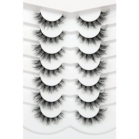 Pooplunch False Eyelashes Cat Eye Look Lightweight Natural Wispy 8D Volume Faux Mink Lashes Short Curly Fake Eyelash Strips 7 Pairs Pack