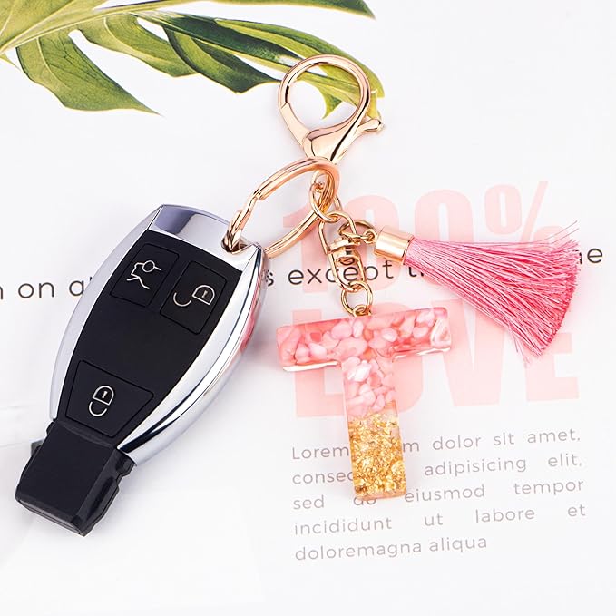 Suweibuke Cute Pink Key Chains for Women Girls, Initial Letter Keychains with Tassel, Charms for Key Purse Handbags Backpacks